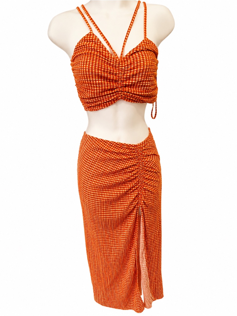 Zara Orange Gingham Ruched Midi Set